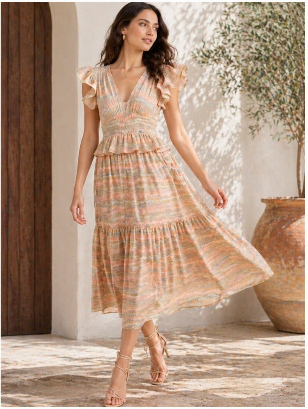 Ulla‎ Johnson Bendetta 100% Silk Short Sleeve V-neck Ruffle Dress In Opal 4